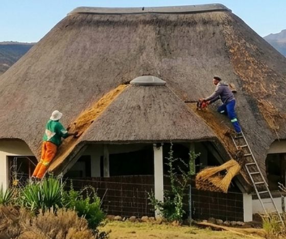 Specialist thatch restoration teams executing a deep comb repair and wire-tension overhaul on a large residential property roof.