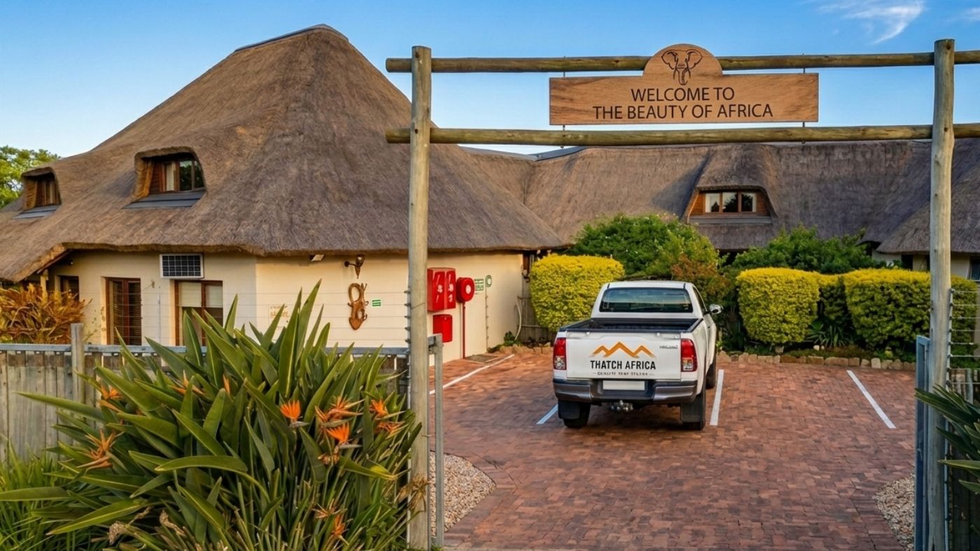 Thatch Africa branded vehicle parked outside a completed commercial thatched roof installation.